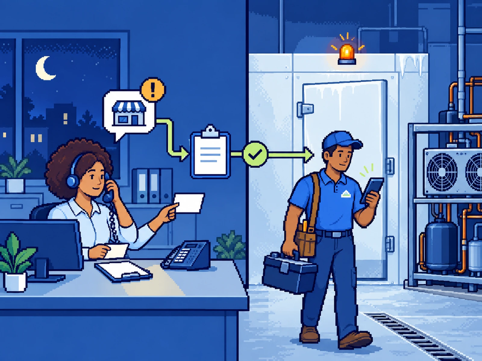 A dispatcher routes an after-hours refrigeration request to an on-call technician.