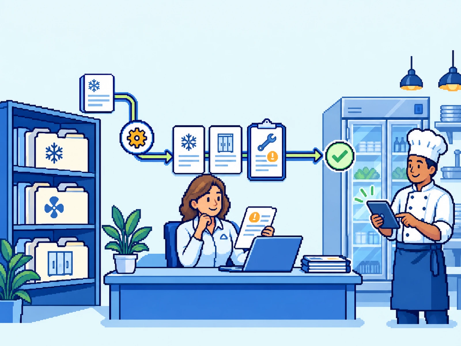 A service manager reviews maintenance records before an approved customer follow-up.